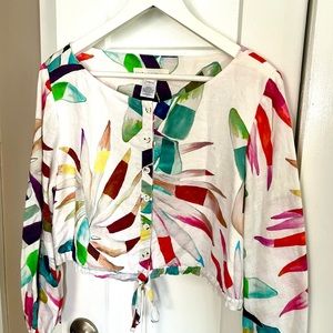 Mara Hoffman Long Sleeve Floral Print Linen Crop Top Size L